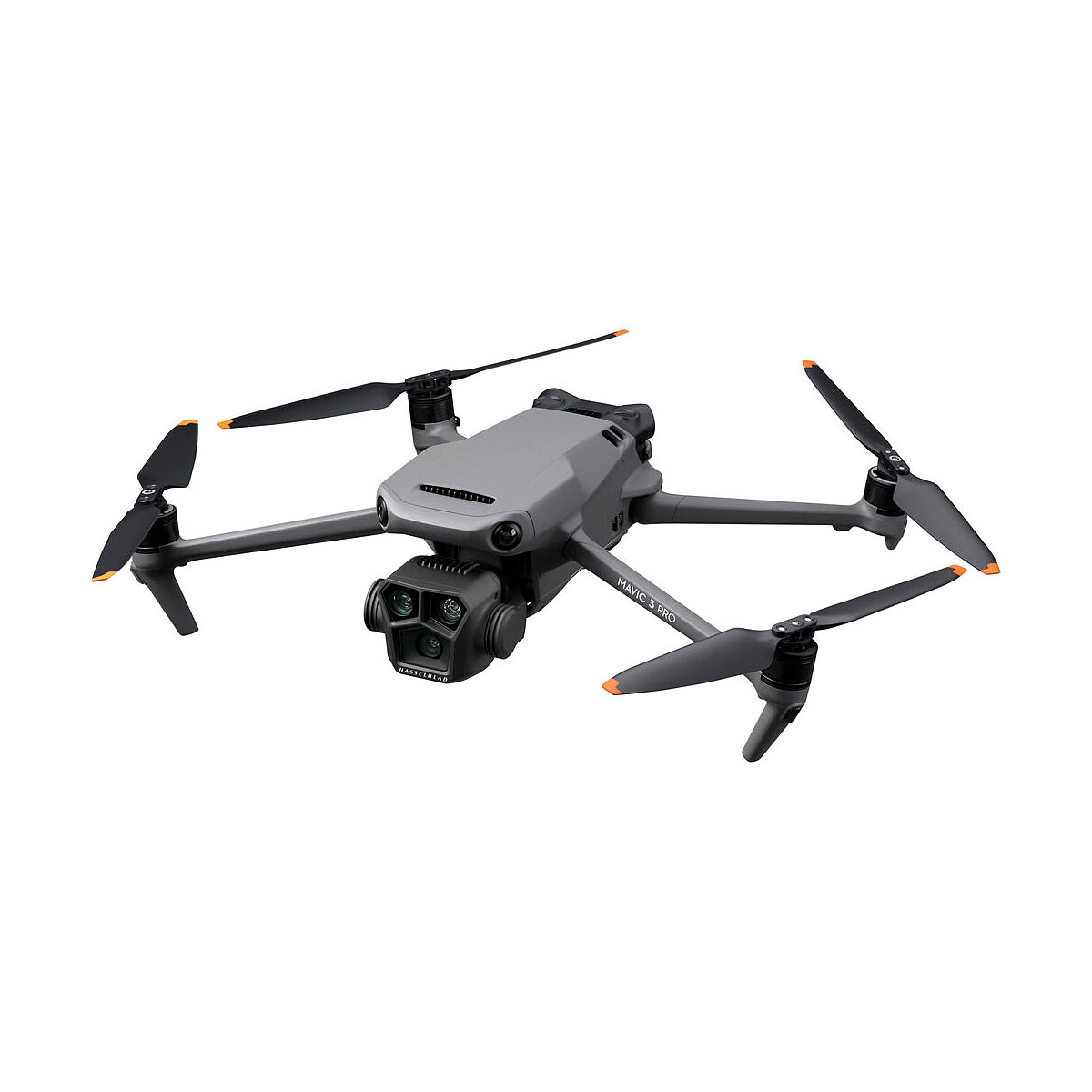 DJI Mavic 3 Pro + DJI RC Ohjain -lennokki on harmaa nelikopteri, jossa on neljä oransseilla kärjillä varustettua potkuria ja kardaanilla varustettu kamera.