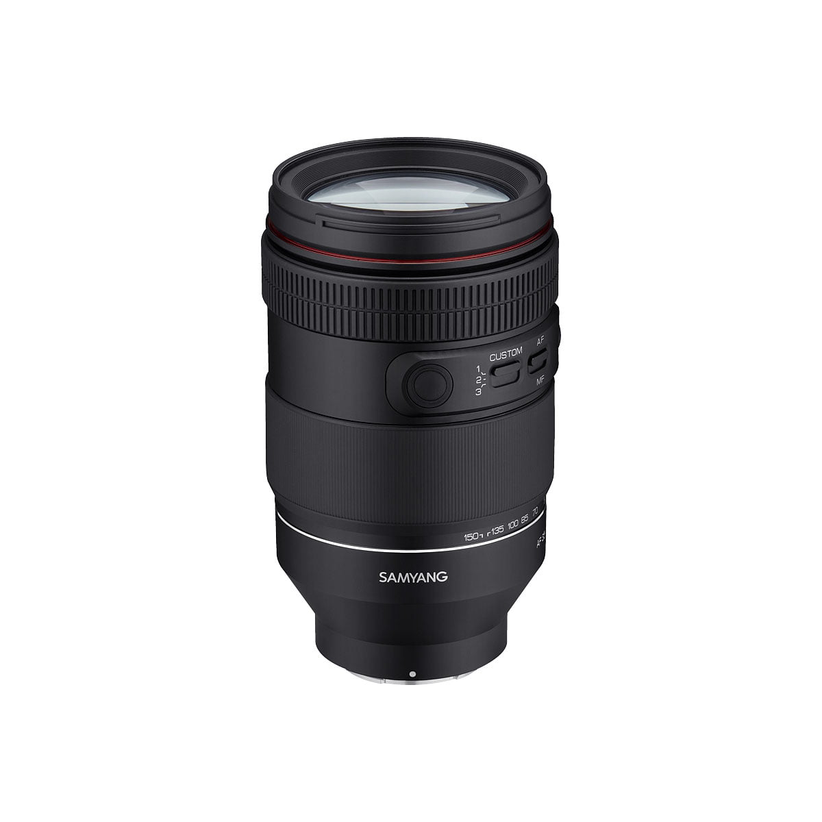 Samyang_AF_35-150mm_F2-2_8_Sony_002 Musta Samyang AF 35-150mm F2-2.8 - Sony FE -kameran objektiivi seisoo pystyasennossa valkoisella taustalla, ja siinä on tarkennusrengas, mukautettu kytkin ja valkoinen bränditeksti pohjan lähellä.