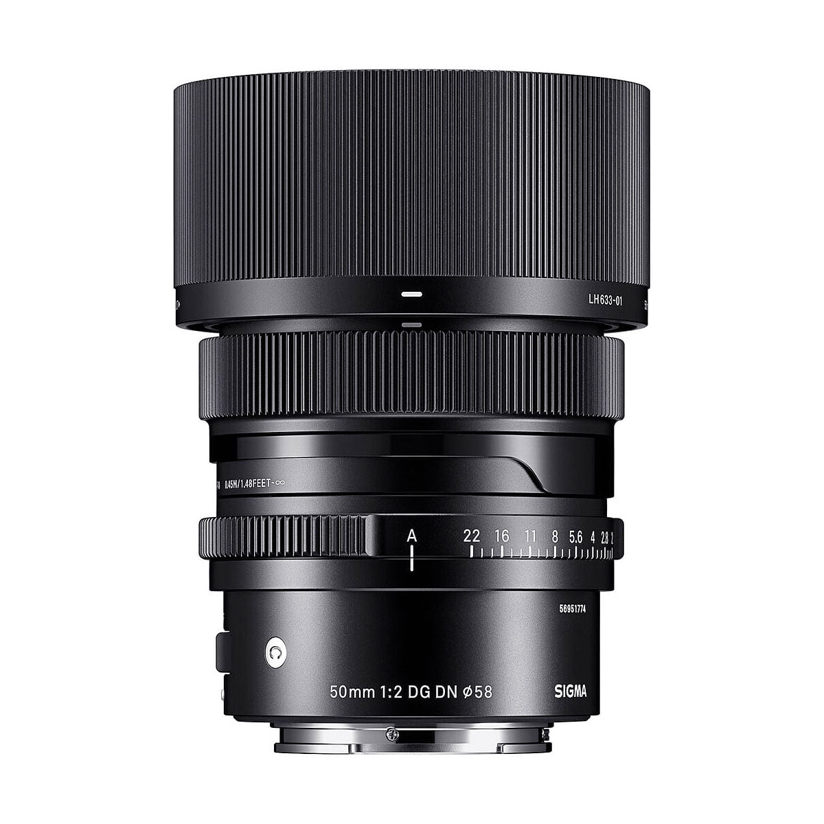 Sigma 50mm f/2 DG DN Contemporary lens (Sony E) in black with ribbed focus ring and aperture ring (f/2-f/22) and hood on white background.