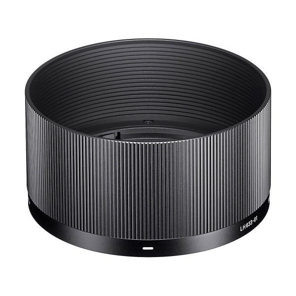 Black cylindrical hood with fine vertical ridges and smooth lower edge, marked LH633-01, designed for Sigma 50mm f/2 DG DN Contemporary lens (Sony E).