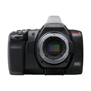 Front view of the BLACKMAGIC Pocket Cinema Camera 6K G2, showing the camera body without lens and the sensor visible in the lens mount.