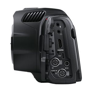BLACKMAGIC Pocket Cinema Camera 6K G2 side view with HDMI, USB, headphone and microphone connections, two XLR audio inputs and 12V power input.