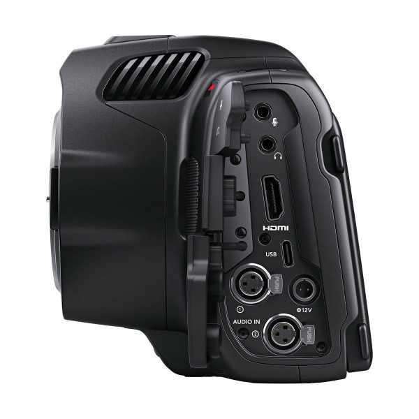 BLACKMAGIC Pocket Cinema Camera 6K G2 side view with HDMI, USB, headphone and microphone connections, two XLR audio inputs and 12V power input.