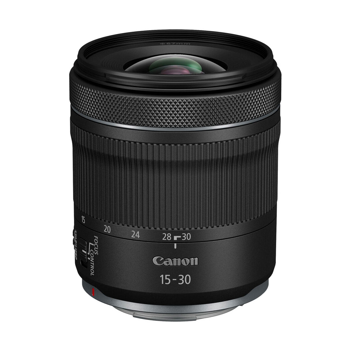 Canon RF 15-30mm F4.5-6.3 IS STM -objektiivi, jossa on kuvioitu zoomausrengas, tarkennuksen säätörengas ja Canon-brändi, on pystyssä valkoista taustaa vasten.