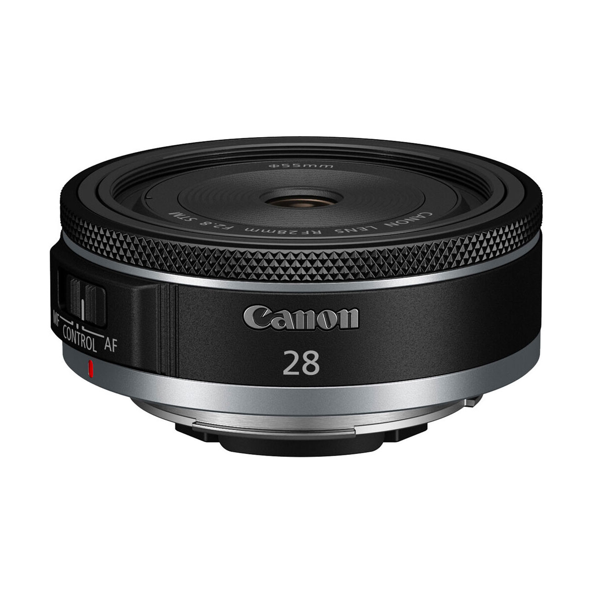 Canon RF 28mm f/2.8 STM -objektiivi, jossa on kompakti musta muotoilu, hopeinen kiinnitys ja tarkennus-/säätökytkin, näkyy valkoista taustaa vasten.