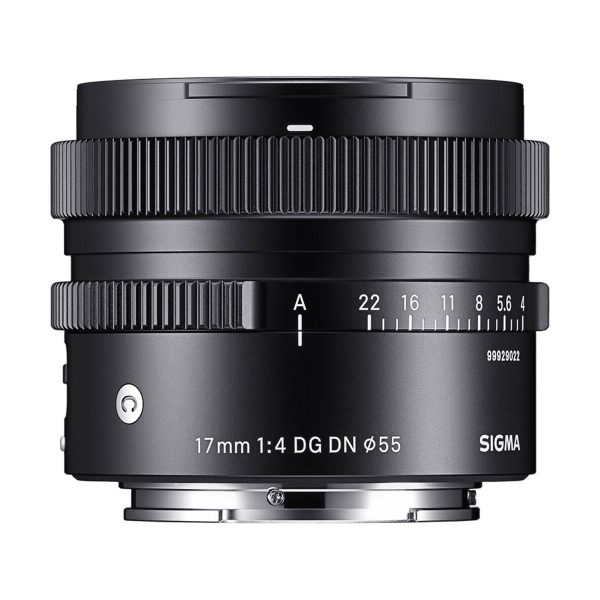 Sigma 17mm f/4 DG DN Contemporary -objektiivi (Sony), musta, jossa on tarkennusrengas ja aukkorenkaat, mallimerkinnät ja Sigma-logo valkoisella pohjalla.