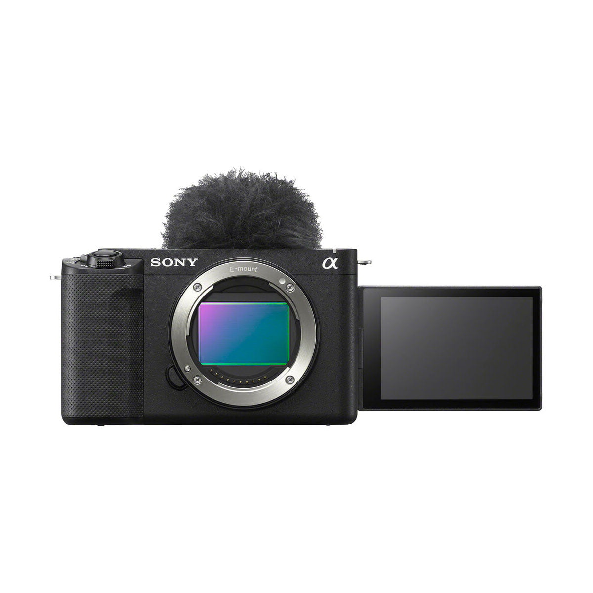 sony_zv-e1_04 Sony ZV-E1 -järjestelmäkamerassa on näkyvä kuvakenno, karvapeitteinen mikrofonin tuulisuoja päällä ja oikealla puolella oleva ulos käännetty LCD-näyttö valkoista taustaa vasten.