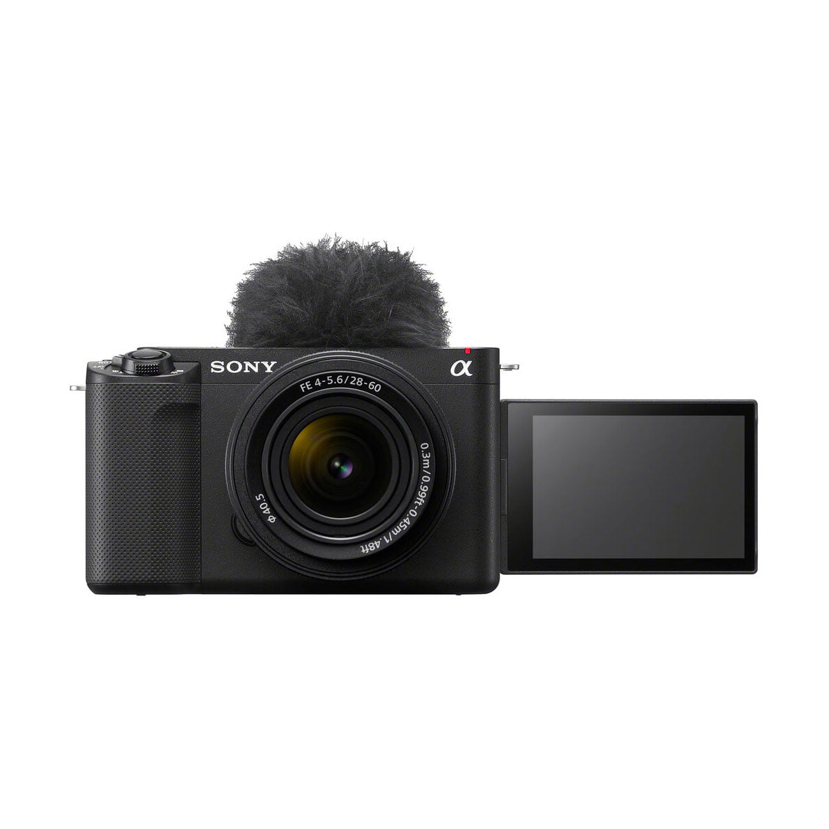 Sony ZV-E1 + 28-60mm f/4-5.6 OSS -digitaalikameran etukuva, jossa on kiinnitetty objektiivi, tuulisuoja ylhäällä ja ulosvedettävä LCD-näyttö oikealla.