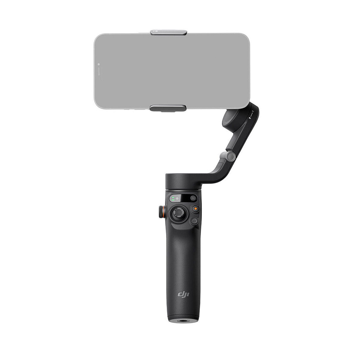 Älypuhelin istuu mustalla DJI Osmo Mobile 6 -gimbaali kännykälle -käsivakain vakaajalla valkoista taustaa vasten. Kahvassa on näkyvissä useita ohjauspainikkeita.