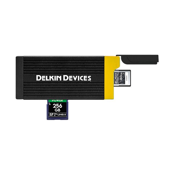 Delkin CFexpress Type A & SD memory card reader with black and yellow design, 256GB SD card when opened and 160GB microSD card partially inserted.