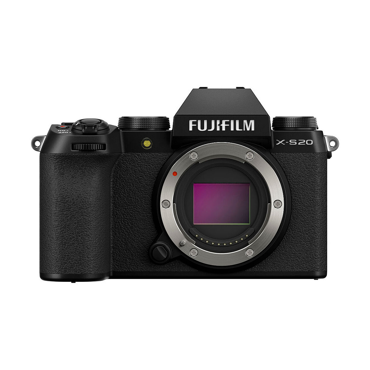 Fujifilm X-S20 -järjestelmäkameran rungon etukuva, jossa näkyy kameran kenno ilman objektiivia ja Fujifilmin logo ylhäällä.
