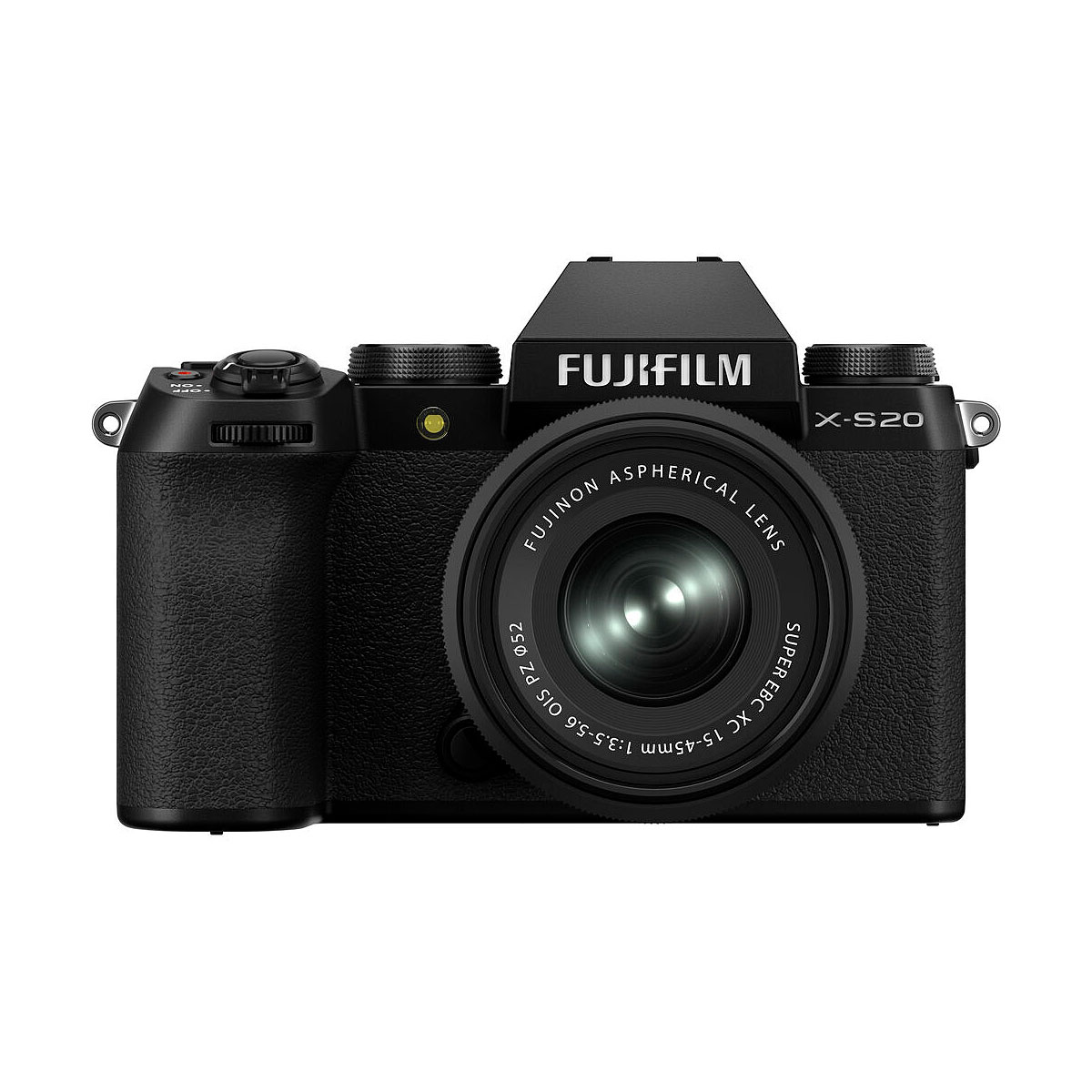 Mustan Fujifilm X-S20 + XC 15-45mm f/3.5-5.6 OIS PZ -objektiivin kameran etukuva, jossa näkyvät valintakiekot ja painikkeet rungon ylä- ja vasemmalla puolella.