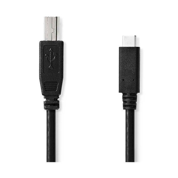 Nedis USB-C 2.0 - USB-B, 1 m kaapeli on kuvassa mustana, vasemmalla USB Type-B-liitin ja oikealla USB Type-C-liitin valkoisella taustalla.