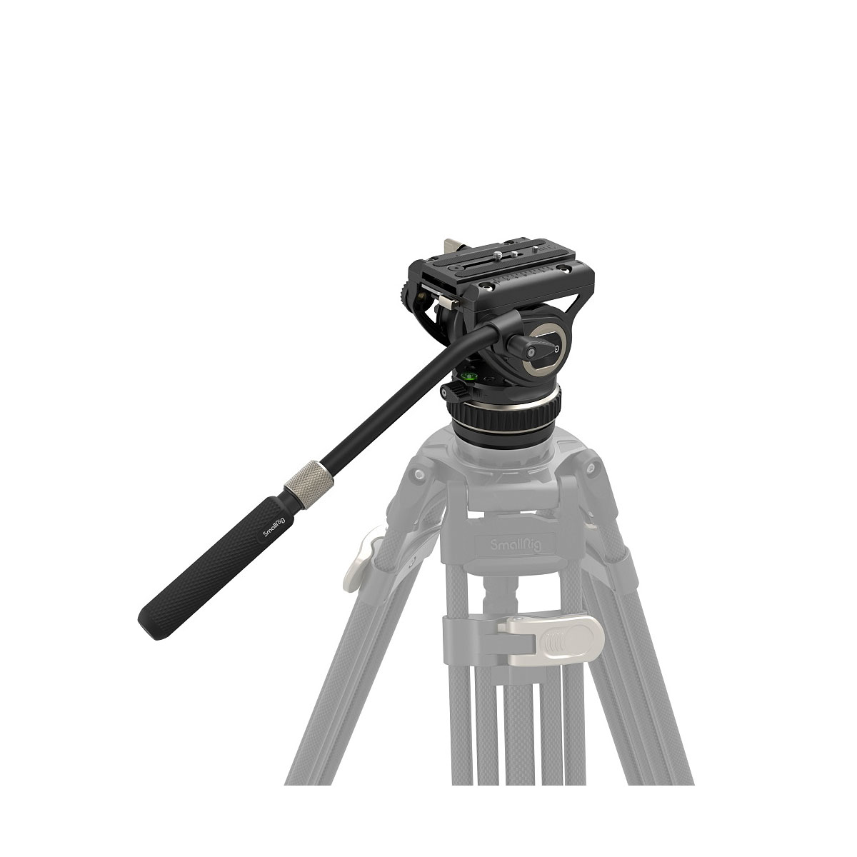 Harmaasävyinen kolmijalka näyttää eloisan SmallRig 4165 FreeBlazer -videopään ja sen pitkän kahvan täysissä väreissä, jolloin nestemäinen pää on kuvan pääkohde.