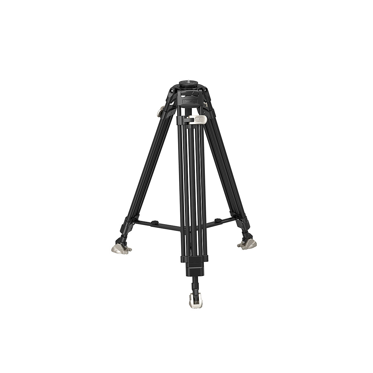 SmallRig 4167 FreeBlazer Heavy-Duty Carbon Fiber Tripodissa on kolme säädettävää mustaa jalkaa, hopeanväriset lukitusmekanismit ja yläosassa oleva kiinnityslevy valkoisella pohjalla.