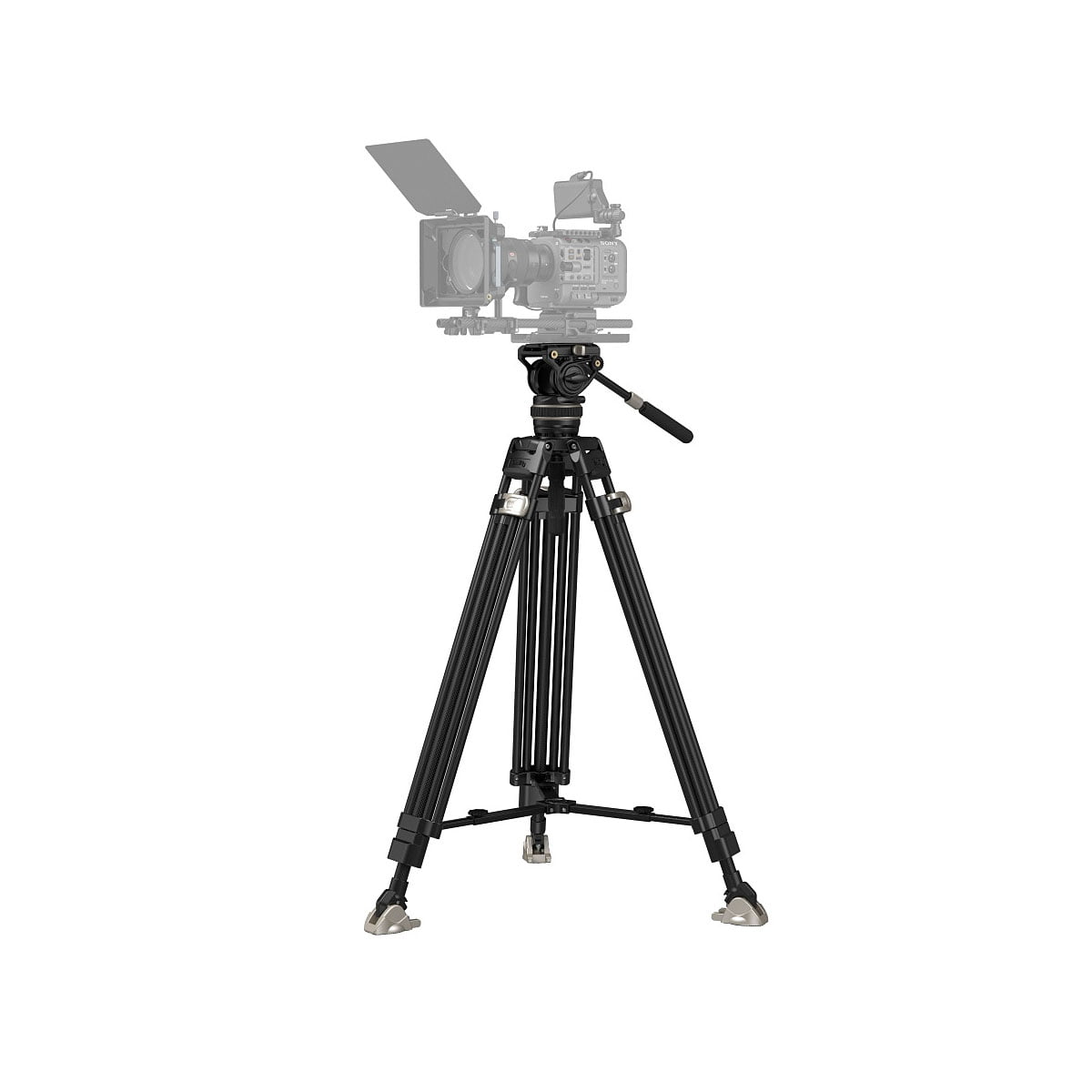 SmallRig_FreeBlazer_Heavy-Duty_Carbon_Fiber_Tripod_Kit_AD-100_3989_001 SmallRig 3989 FreeBlazer Heavy-Duty Carbon Fiber Tripod Kit AD-100, mounted with a professional video camera, includes adjustable legs and rubber feet with white base.