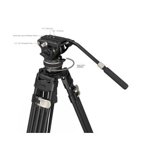 SmallRig 3989 FreeBlazer Heavy-Duty Carbon Fiber Tripod Kit AD-100 sisältää nestepään, Manfrotto-pikavapautuslevyn, 1/4-20- ja 3/8-16-ruuvit, 1/4-20-kierteisen reiän ja 360 astetta kääntyvän kahvan.