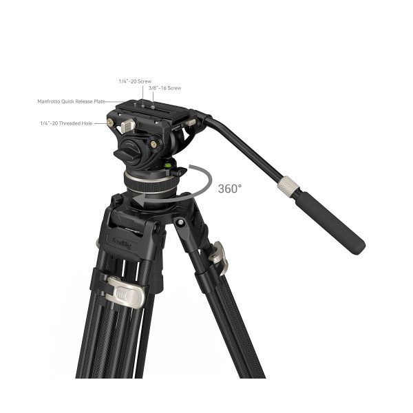 SmallRig 3989 FreeBlazer Heavy-Duty Carbon Fiber Tripod Kit AD-100 sisältää nestepään, Manfrotto-pikavapautuslevyn, 1/4-20- ja 3/8-16-ruuvit, 1/4-20-kierteisen reiän ja 360 astetta kääntyvän kahvan.