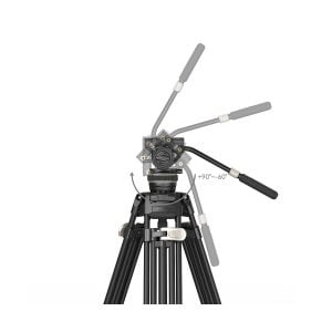 Kaavio, jossa näkyy SmallRig 3989 FreeBlazer Heavy-Duty Carbon Fiber Tripod Kit AD-100 -pää, jossa on säädettävä kahva, kallistus +90° ja -60° välillä. Kolmijalan jalat näkyvät kallistusmekanismin alapuolella.