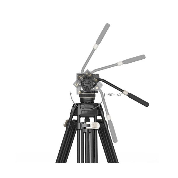 Kaavio, jossa näkyy SmallRig 3989 FreeBlazer Heavy-Duty Carbon Fiber Tripod Kit AD-100 -pää, jossa on säädettävä kahva, kallistus +90° ja -60° välillä. Kolmijalan jalat näkyvät kallistusmekanismin alapuolella.