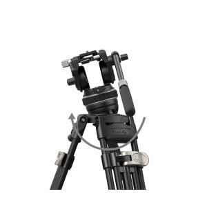 SmallRig 3989 FreeBlazer Heavy-Duty Carbon Fiber Tripod Kit AD-100, kuvassa mustana, jossa on säätönupit ja kahva, sisältää nuolen, joka kuvaa pään kallistusliikettä valkoisella pohjalla.