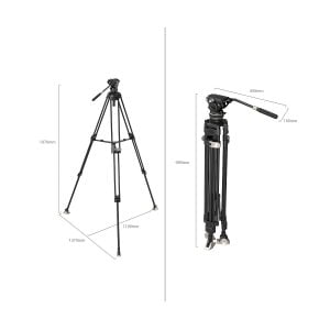 Kaksi näkymää SmallRig 3989 FreeBlazer Heavy-Duty Carbon Fiber Tripod Kit AD-100:stä: yksi täysin ulosvedetty ja korkeusmitat merkitty, ja yksi taitettu niin, että maksimipituus ja taitettu pituus millimetreinä näkyvät.