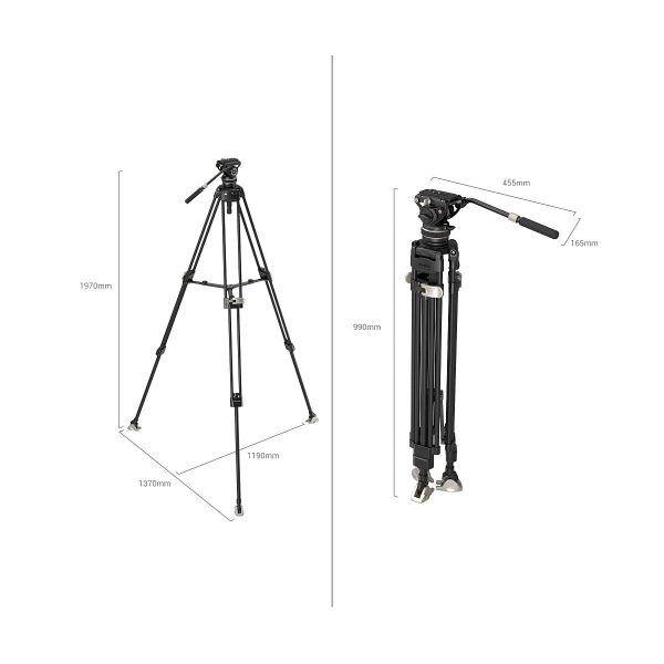 Kaksi näkymää SmallRig 3989 FreeBlazer Heavy-Duty Carbon Fiber Tripod Kit AD-100:stä: yksi täysin ulosvedetty ja korkeusmitat merkitty, ja yksi taitettu niin, että maksimipituus ja taitettu pituus millimetreinä näkyvät.