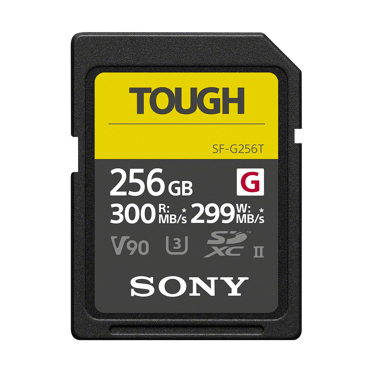 The SONY Pro Tough SD 256GB UHS-II memory card offers up to 300MB/s read and 299MB/s write speeds, V90, U3 and Class 10 ratings - all on a black and yellow label.