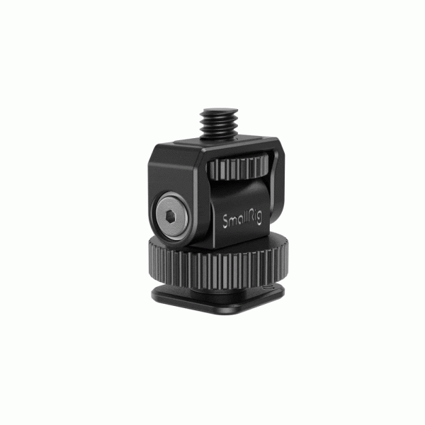 1661755047657_ SmallRig 3577 Adapter Mini Cold Shoe to 1/4"-20 Screw on musta pyörivä kiinnike, jossa on nystyröity säätörengas ja yläreunan kierreruuvi, joka on suunniteltu lisävarusteiden kiinnittämiseen kameroihin.