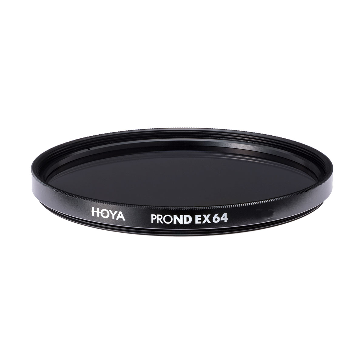 Hoya PROND EX 64 49mm -harmaasuodin, pyöreä musta kameran linssisuodin, jossa on valkoinen reunustusteksti, näkyy valkoista taustaa vasten.