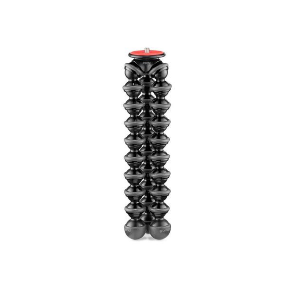 JOBY GorillaPod 3K Pro Jalusta Musta on musta, joustava kolmijalka, jossa on nivelletyt segmentit ja punainen kiinnityslevy, kuvassa pystyasennossa valkoisella pohjalla.
