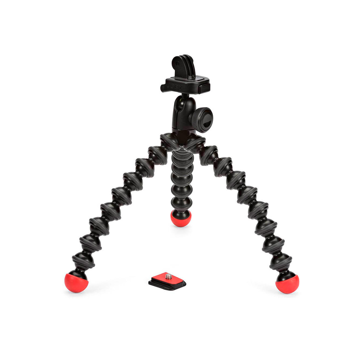 JOBY GorillaPod Action GoPro Stand, a flexible black tripod with red rubber feet and removable mounting plate, standing on a white base.