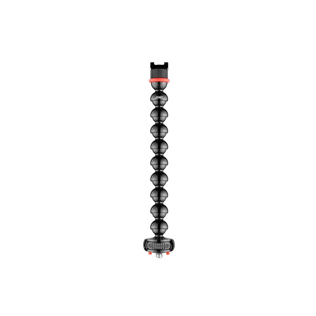 JOBY GorillaPod Arm Kit PRO Musta on joustava musta jalustavarsi, jossa on useita pyöristettyjä segmenttejä, punaiset korostukset molemmissa päissä ja kiinnityspisteet kameran tai laitteen kiinnittämistä varten.