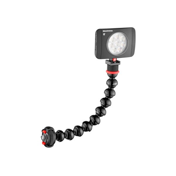 The JOBY GorillaPod Arm Kit PRO Black is a compact LED light in a flexible, segmented black arm with red accents and a tripod screw foot for adjustable positioning.