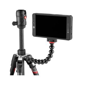 JOBY GorillaPod Arm Kit PRO Black is a flexible camera mount with a small monitor attached to the stand, allowing the monitor to be positioned at different angles for convenient viewing.