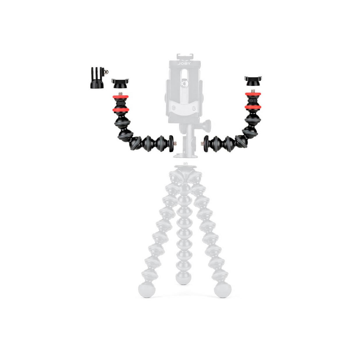 JOBY GorillaPod Arm Kit Musta/Harmaa, joustava musta ja harmaa kolmijalka lisävaruste, jossa on kaksi käsivartta ja useita kiinnitystarvikkeita, on näkyvästi esillä, kun taas tärkein kolmijalka ja puhelimen pidike näkyvät haalistuneina taustalla.