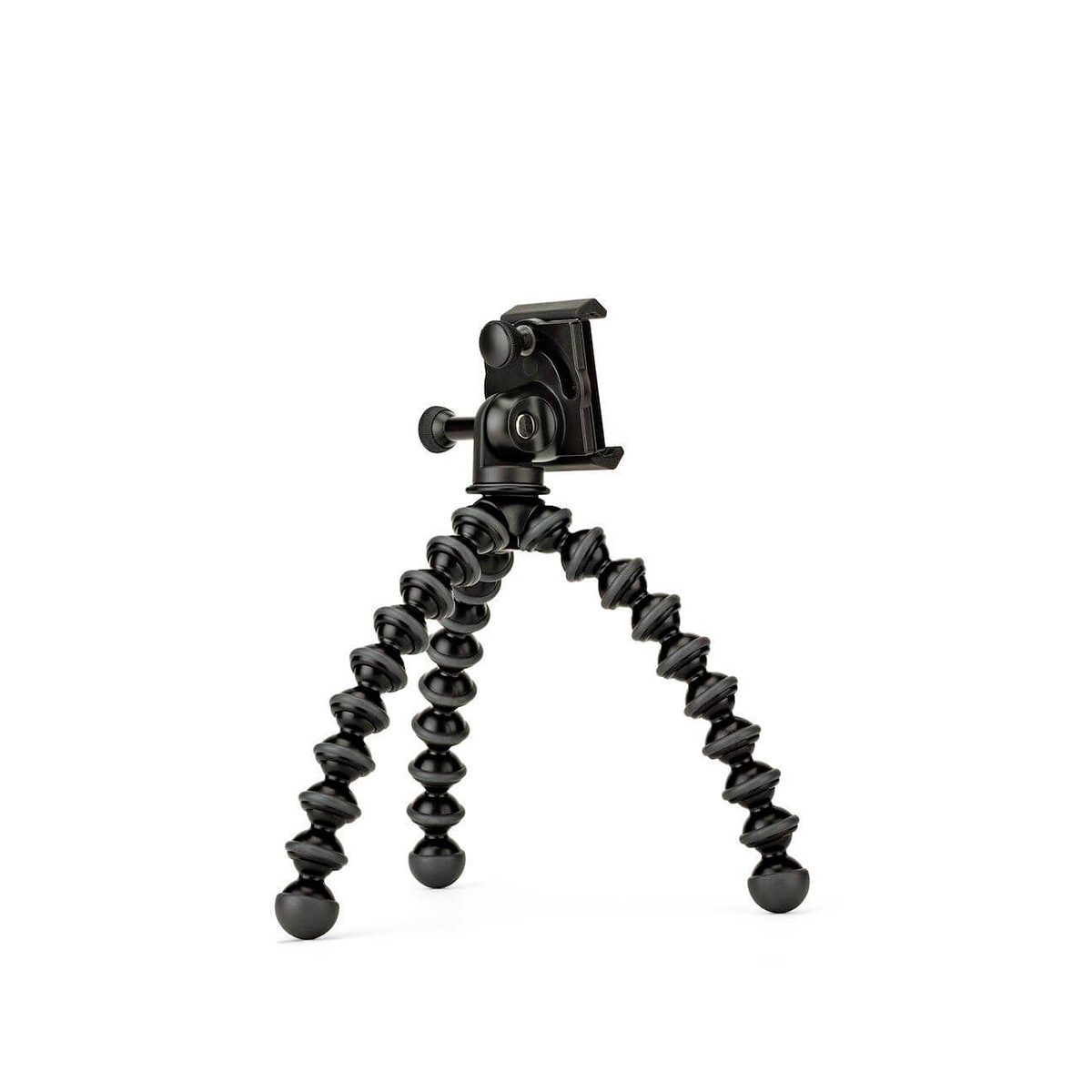 JOBY GripTight GorillaPod Stand PRO Stand for Phone is a small black flexible tripod stand with three bendable, segmented legs and a top clip to hold your smartphone. The background is plain white.