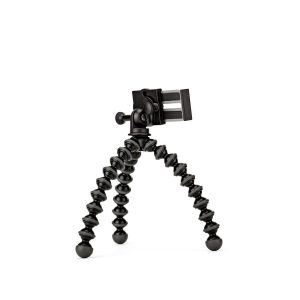 JOBY GripTight GorillaPod Stand PRO Jalusta Puhelimelle, joustava musta kolmijalka, jossa on taivutettavat jalat ja älypuhelimen pidike, seisoo pystyssä valkoisella pohjalla.