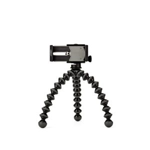 JOBY GripTight GorillaPod Stand PRO Jalusta Puhelimelle on pieni, musta joustava kolmijalka, jossa on segmentoidut, taivutettavat jalat ja älypuhelimen pidike, kuvassa valkoista taustaa vasten.