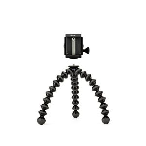 JOBY GripTight GorillaPod Stand PRO Jalusta Puhelimelle on joustava musta kolmijalka, jossa on segmentoidut, taivutettavat jalat ja yläkiinnike, kuvassa valkoista taustaa vasten.