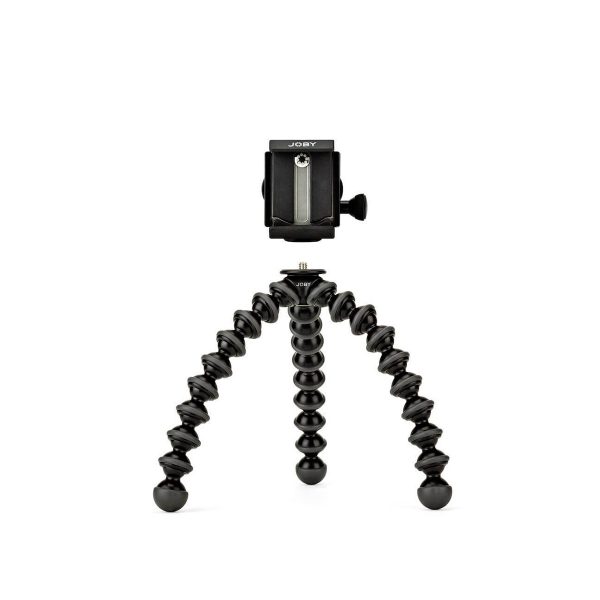 JOBY GripTight GorillaPod Stand PRO Jalusta Puhelimelle on joustava musta kolmijalka, jossa on segmentoidut, taivutettavat jalat ja yläkiinnike, kuvassa valkoista taustaa vasten.