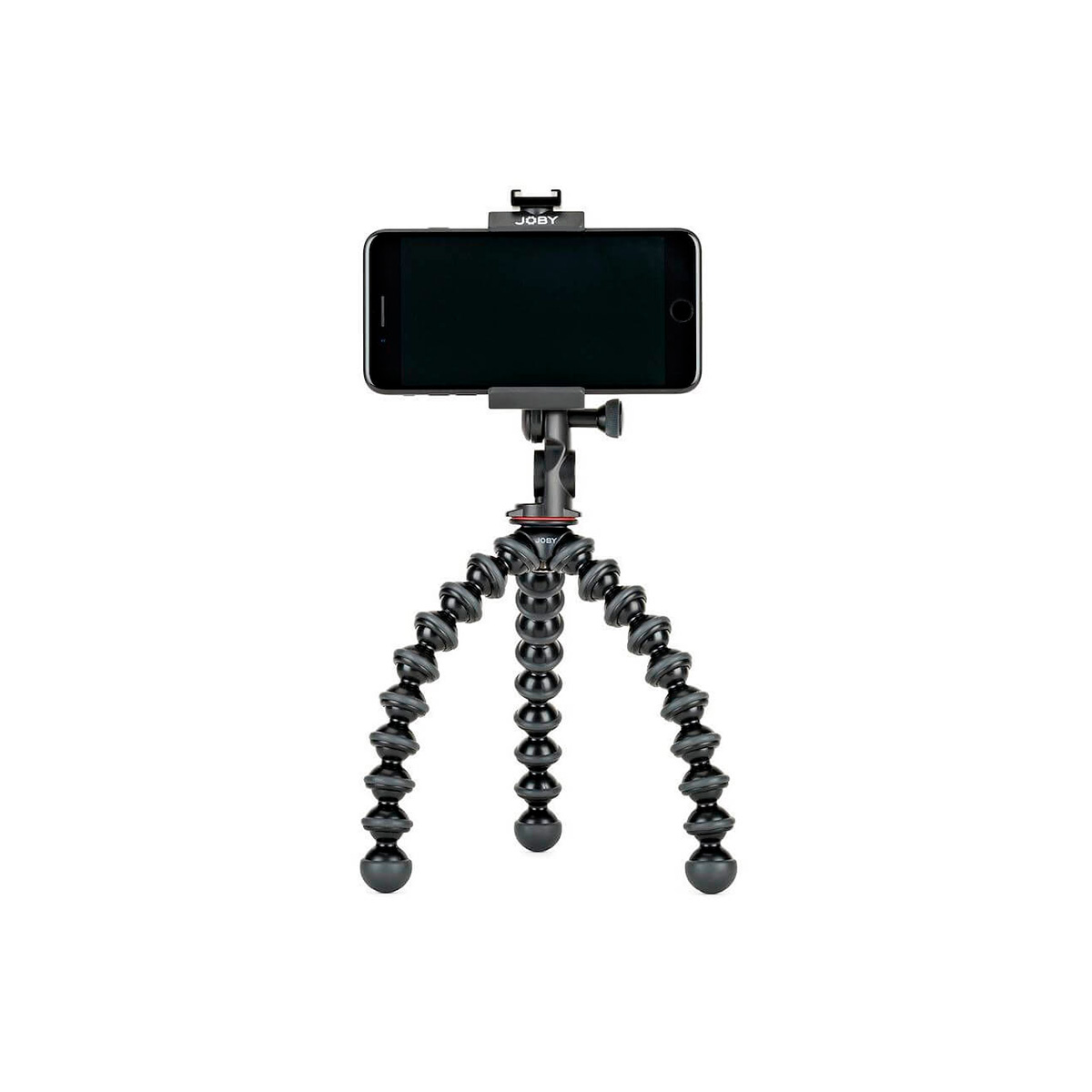 JOBY GripTight PRO 2 GorillaPod Jalustakit Puhelimelle pitää älypuhelinta vaakasuorassa joustavien, mustien taipuvien jalkojensa varassa valkoista taustaa vasten.