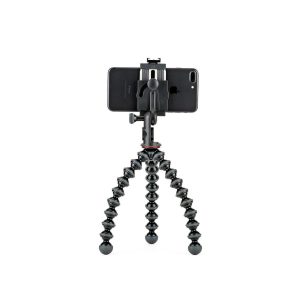 JOBY GripTight PRO 2 GorillaPod Jalustakit Puhelimelle pitää älypuhelimen pystyssä valkoisella pohjalla joustavilla, kolmella taipuisalla jalallaan.
