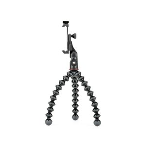 JOBY GripTight PRO 2 GorillaPod Jalustakit Puhelimelle on musta joustava kolmijalka, jossa on segmentoidut jalat ja älypuhelimen kiinnitys, kuvassa pystyasennossa valkoisella pohjalla.