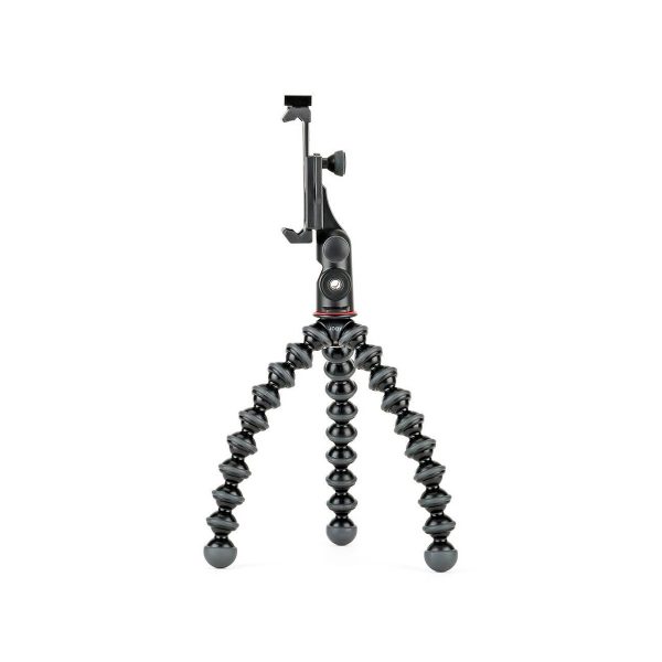 JOBY GripTight PRO 2 GorillaPod Jalustakit Puhelimelle on musta joustava kolmijalka, jossa on segmentoidut jalat ja älypuhelimen kiinnitys, kuvassa pystyasennossa valkoisella pohjalla.