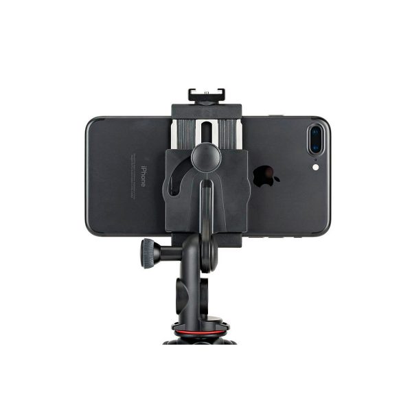 JOBY GripTight PRO 2 GorillaPod -jalusta pitää älypuhelinta vaakasuorassa mustassa säädettävässä kiinnikkeessään, kun sitä katsotaan takaa valkoista taustaa vasten.