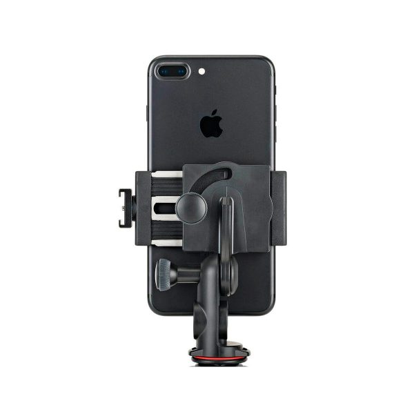 JOBY GripTight PRO 2 GorillaPod Jalustakit Puhelimelle pitää mustaa älypuhelinta pystysuorassa säädettävässä mustassa autopuhelimen pidikkeessä, jossa on imukuppipohja ja joka on esillä valkoista taustaa vasten.