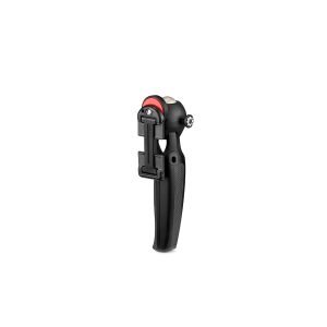 JOBY HandyPod Mobile Jalusta Puhelimelle Musta on musta kannettava älypuhelimen gimbaalivakaaja, jossa on kuvioitu kahva, taitettava puhelimen kiinnike ja punainen korostus yläosan lähellä, kuvassa valkoisella pohjalla.