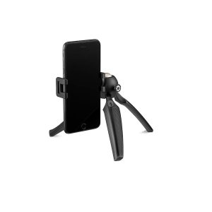 JOBY HandyPod Mobile Jalusta Puhelimelle Musta on musta älypuhelimen pidike kompaktilla mustalla kolmella kokoontaitettavalla jalustalla, joka on kuvassa valkoista taustaa vasten.