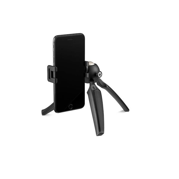 JOBY HandyPod Mobile Jalusta Puhelimelle Musta on musta älypuhelimen pidike kompaktilla mustalla kolmella kokoontaitettavalla jalustalla, joka on kuvassa valkoista taustaa vasten.